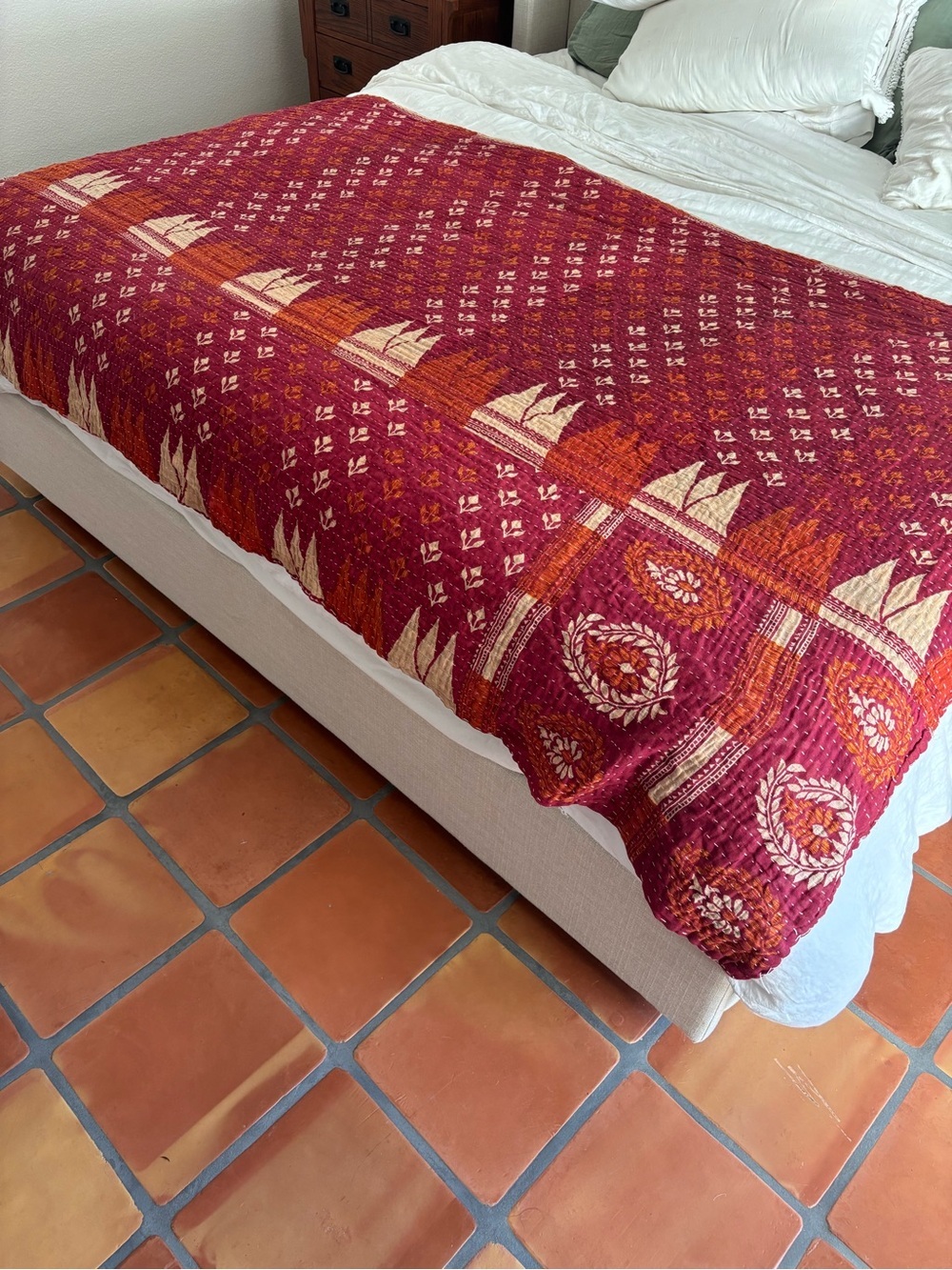 Anthropologie Artisan hand stitched Woven Red Kantha throw